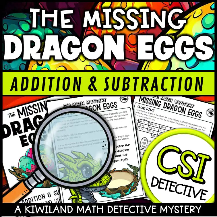 Printable math mystery activity with a fantasy dragon theme for back to school or end of year