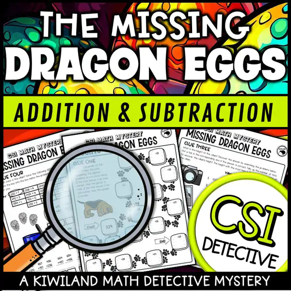 CSI Math Mystery using word problems and puzzles to practice adding and subtracting 3-digit numbers