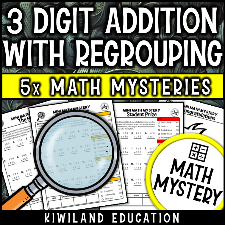 Printable three-digit addition activity with regrouping practice