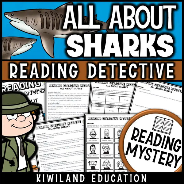 All About Sharks printable reading mystery with comprehension questions for grades 3–6