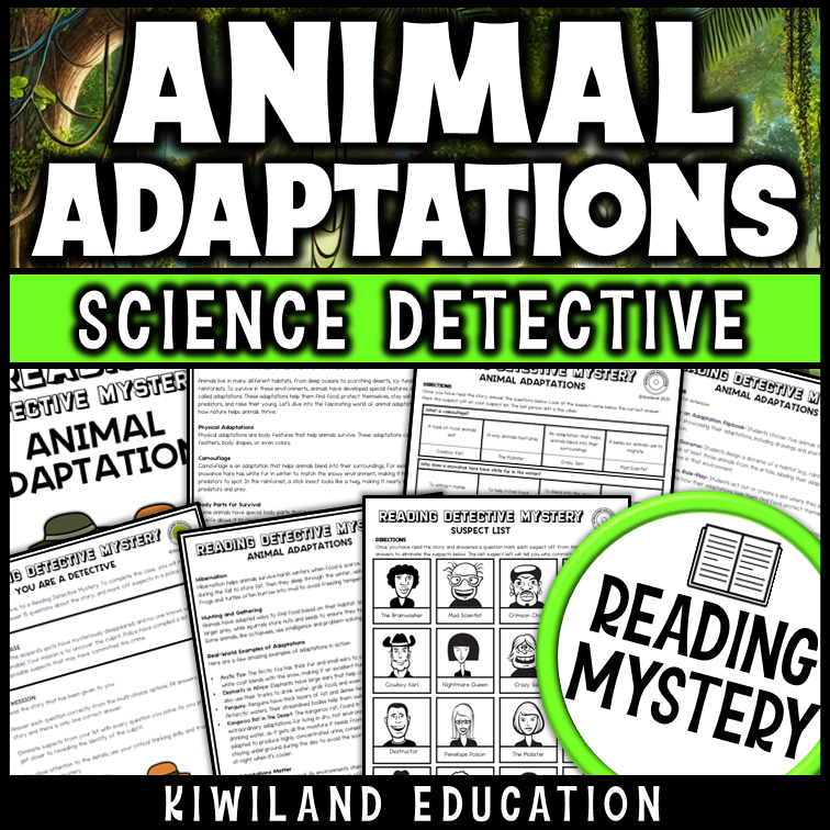 Animal adaptations reading comprehension mystery with informational text and science questions