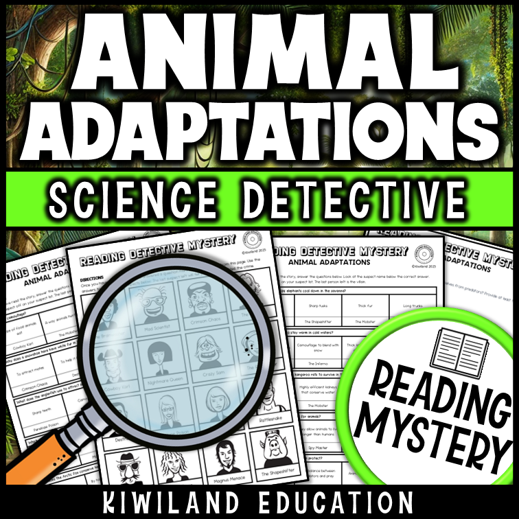 Grade 4–6 reading activity featuring animal survival strategies in different habitats