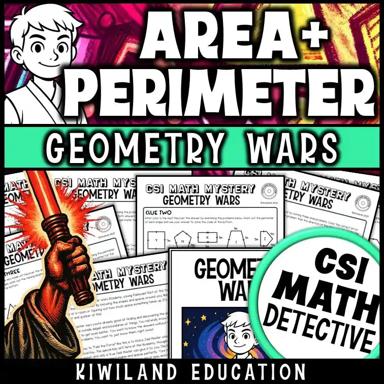 Printable PDF area and perimeter worksheets in CSI math mystery format