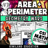 Printable PDF area and perimeter worksheets in CSI math mystery format
