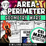 Printable PDF area and perimeter worksheets in CSI math mystery format