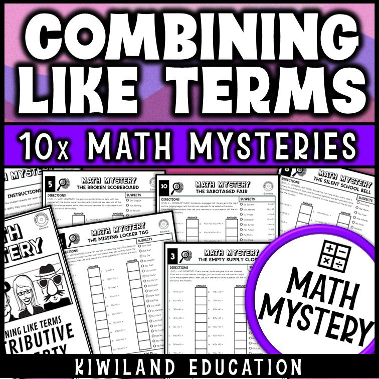 Combining like terms and distributive property worksheets, printable math mystery for grades 6 to 8