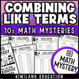 Combining like terms and distributive property worksheets, printable math mystery for grades 6 to 8