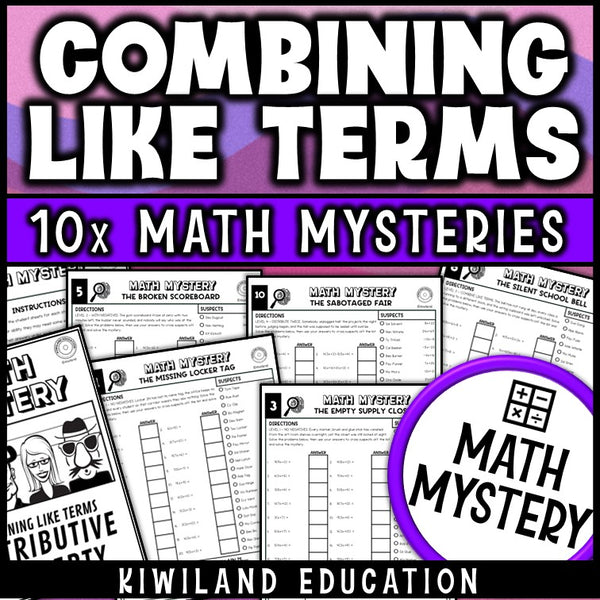 Combining like terms and distributive property worksheets, printable math mystery for grades 6 to 8