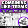 Combining like terms and distributive property worksheets, printable math mystery for grades 6 to 8