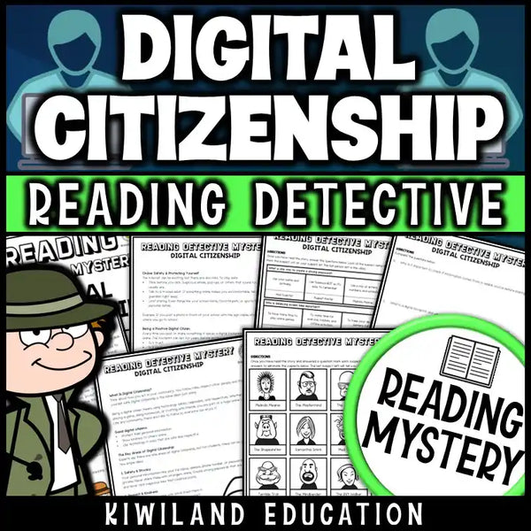 Printable Digital Citizenship Reading Mystery activity for grades 4–6 focusing on internet safety, privacy, cyberbullying, and online responsibility.