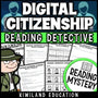 Printable Digital Citizenship Reading Mystery activity for grades 4–6 focusing on internet safety, privacy, cyberbullying, and online responsibility.