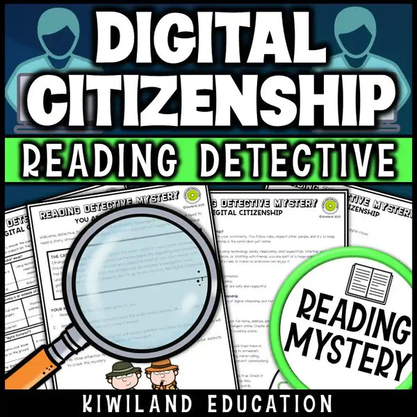 ELA comprehension activity about Digital Citizenship with reading passage, questions, and clues to solve a mystery.
