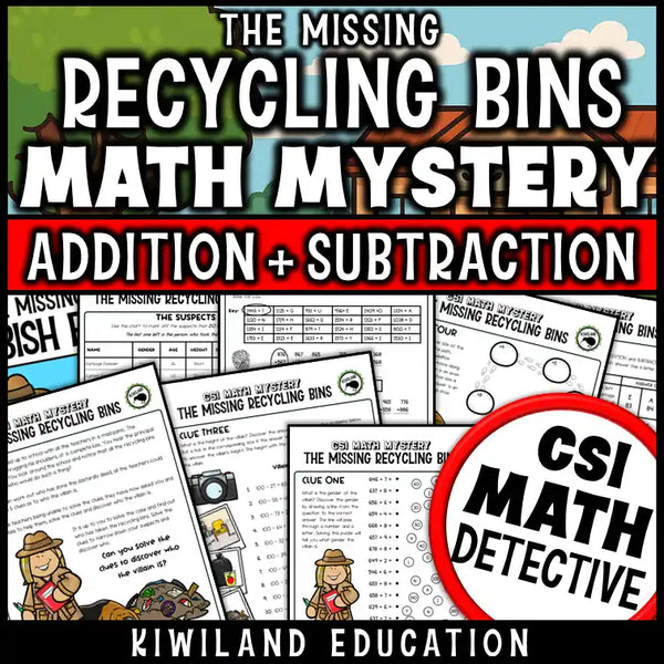 Earth Day math mystery worksheet set for 2nd and 3rd grade addition and subtraction review
