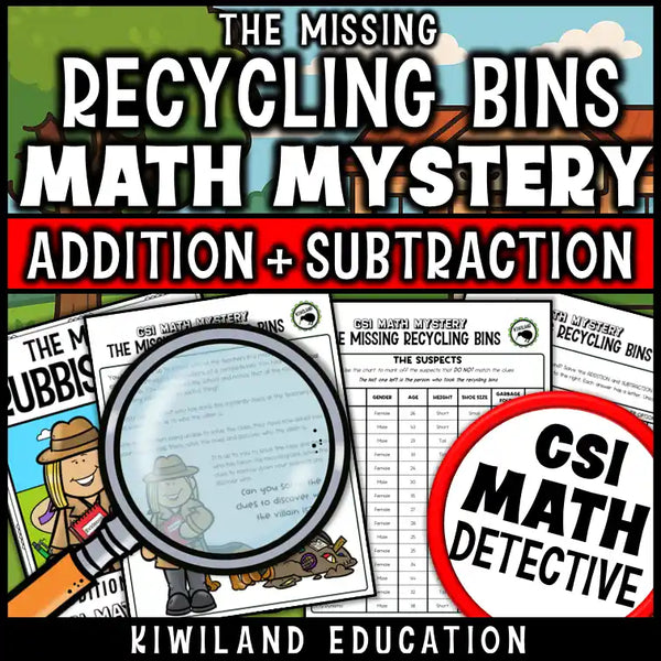 Printable CSI Math Mystery activity with Earth Day theme and math puzzles