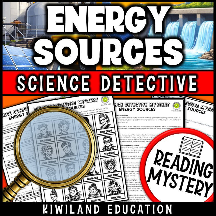 Energy resources reading mystery comprehension questions worksheet with suspect line-up