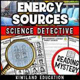 Energy resources reading mystery comprehension questions worksheet with suspect line-up