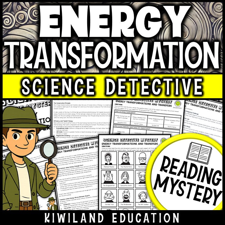 Energy transformations and transfers science reading mystery cover for grades 3-6