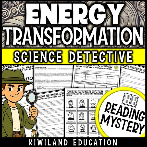 Energy transformations and transfers science reading mystery cover for grades 3-6