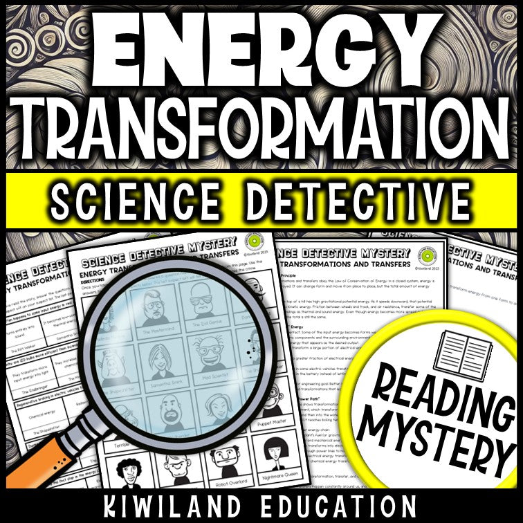 Energy transformations reading mystery comprehension questions worksheet with suspect line-up