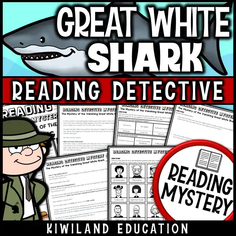 Shark Week reading comprehension mystery titled “The Mystery of the Vanishing Great White” for grades 3–6 with nonfiction science content.