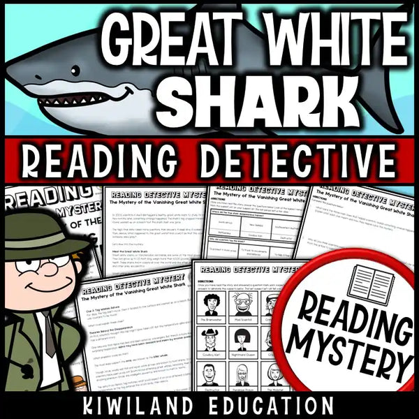 Shark Week reading comprehension mystery titled “The Mystery of the Vanishing Great White” for grades 3–6 with nonfiction science content.