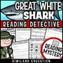 Shark Week reading comprehension mystery titled “The Mystery of the Vanishing Great White” for grades 3–6 with nonfiction science content.