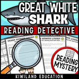 Printable two-page nonfiction article about the real-life disappearance of a tagged great white shark, used in a Shark Week reading activity.