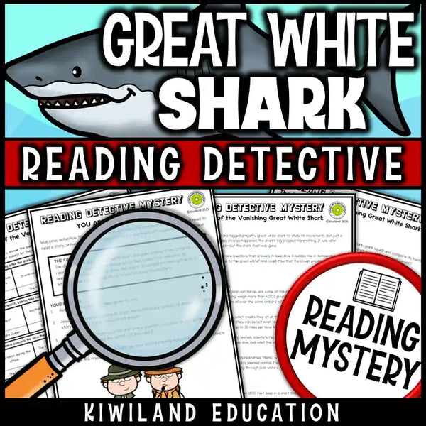 Printable two-page nonfiction article about the real-life disappearance of a tagged great white shark, used in a Shark Week reading activity.