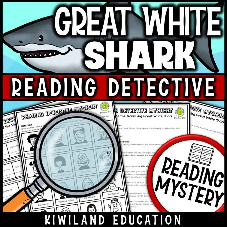 Shark-themed reading comprehension questions and critical thinking activities for upper elementary students studying ocean life and predator-prey relationships.