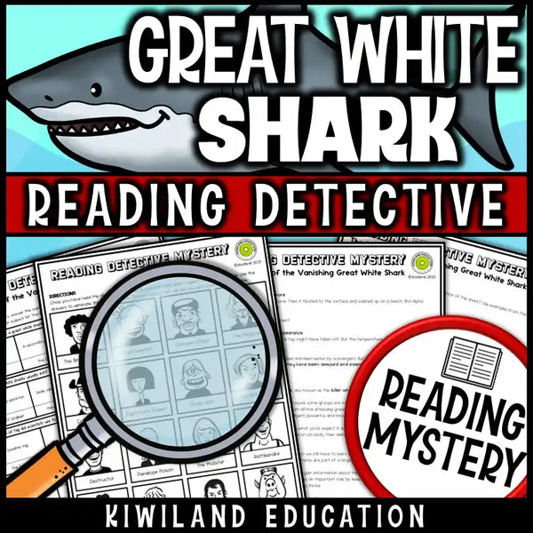 Shark-themed reading comprehension questions and critical thinking activities for upper elementary students studying ocean life and predator-prey relationships.
