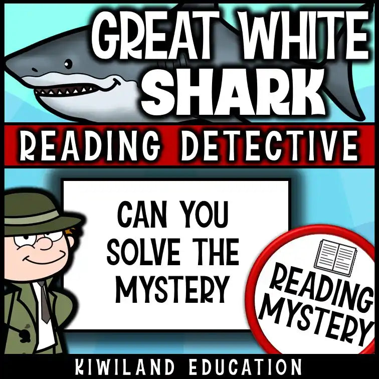 Black-and-white shark outline and ocean-themed word search for early finishers as part of a Shark Week reading comprehension mystery.