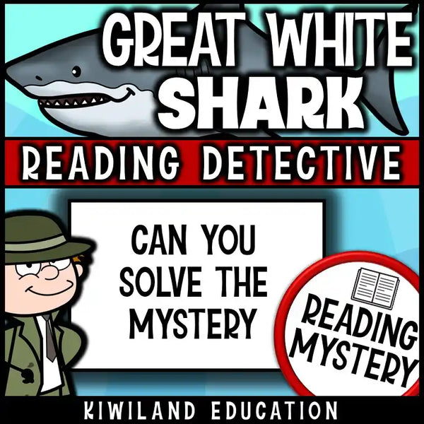 Black-and-white shark outline and ocean-themed word search for early finishers as part of a Shark Week reading comprehension mystery.