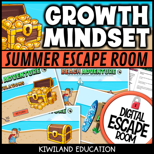 Students solving mindset challenges in beach adventure escape room game