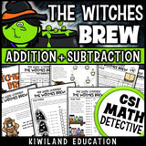 Halloween CSI math mystery printable featuring 3-digit addition and subtraction puzzles