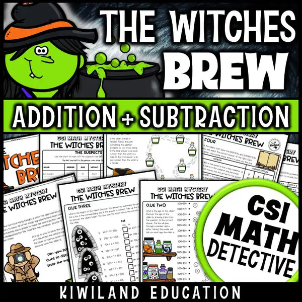 Halloween CSI math mystery printable featuring 3-digit addition and subtraction puzzles