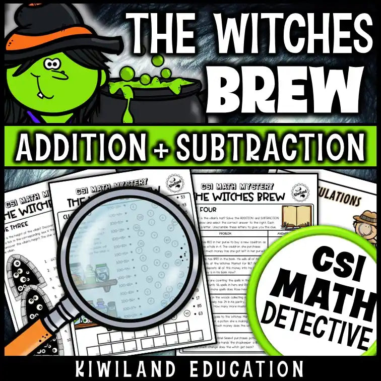 Witch-themed math mystery game for fall classroom or homeschool activities