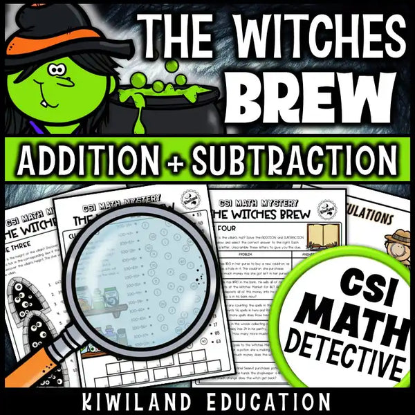 Witch-themed math mystery game for fall classroom or homeschool activities