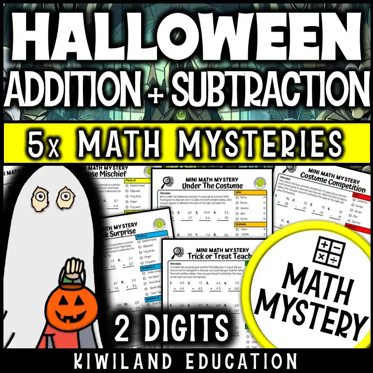 Halloween math worksheet with 2-digit addition and subtraction regrouping problems