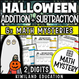Halloween math worksheet with 2-digit addition and subtraction regrouping problems