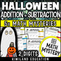 Halloween math worksheet with 2-digit addition and subtraction regrouping problems