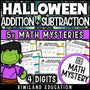 Halloween worksheet with 4-digit addition and subtraction regrouping activity