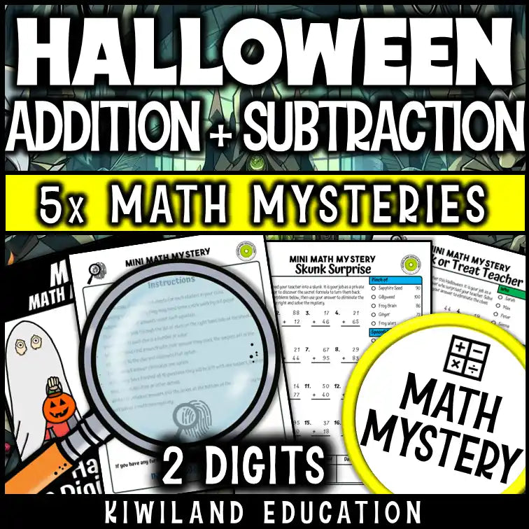 Student solving a Halloween-themed mystery using 2-digit addition and subtraction skills