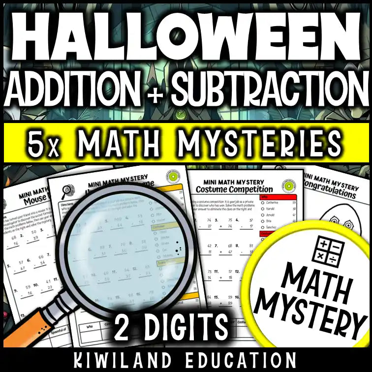 Printable math mystery activity for teaching 2-digit addition with regrouping