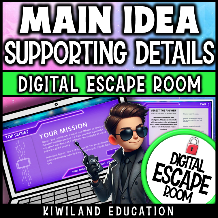 Spy-themed main idea digital escape room for Grades 4–6 ELA