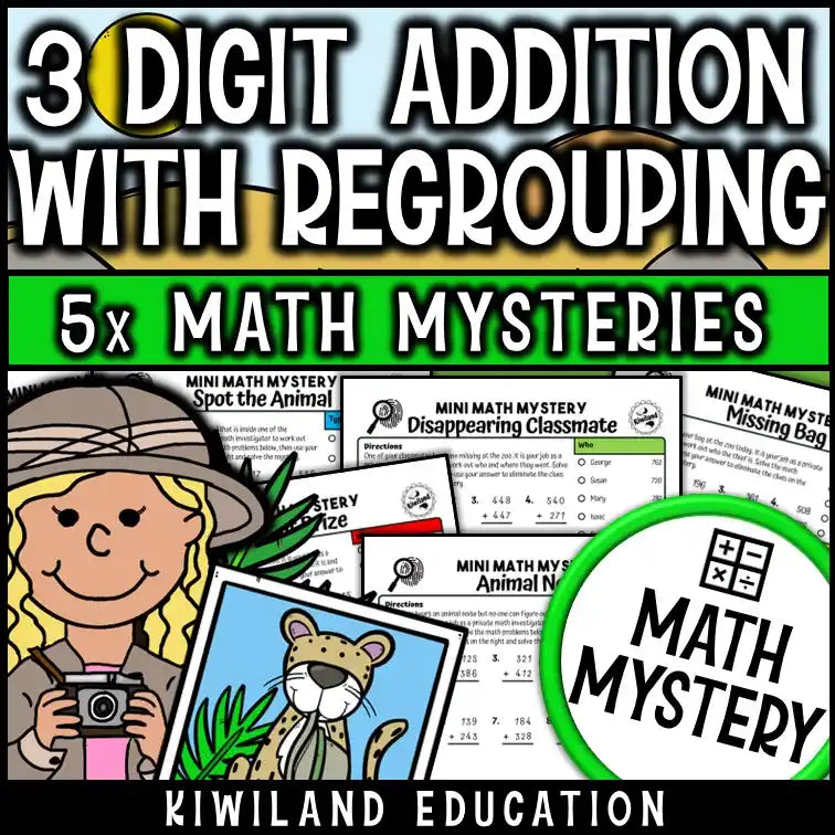 Zoo-themed worksheet practicing 3-digit addition with regrouping