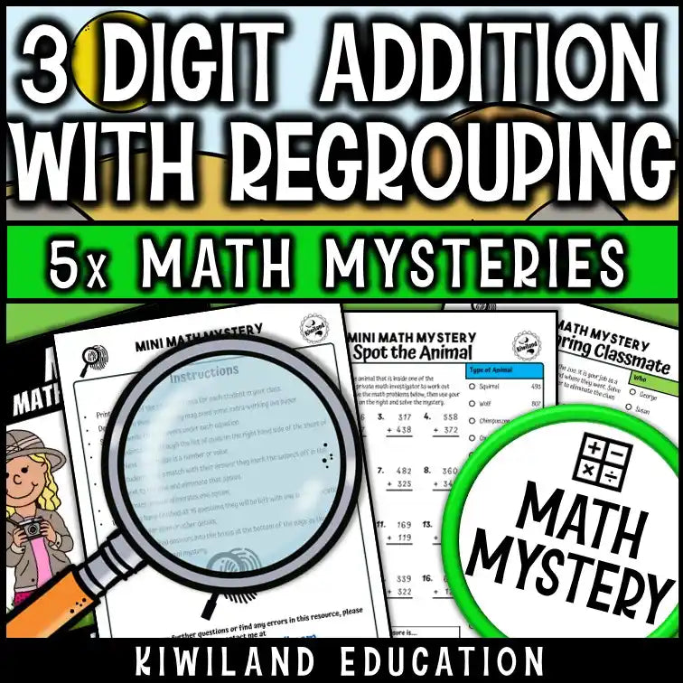 Safari mystery math activity featuring addition problems and suspect clues