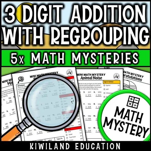 Printable regrouping worksheet with animal-themed story and puzzles