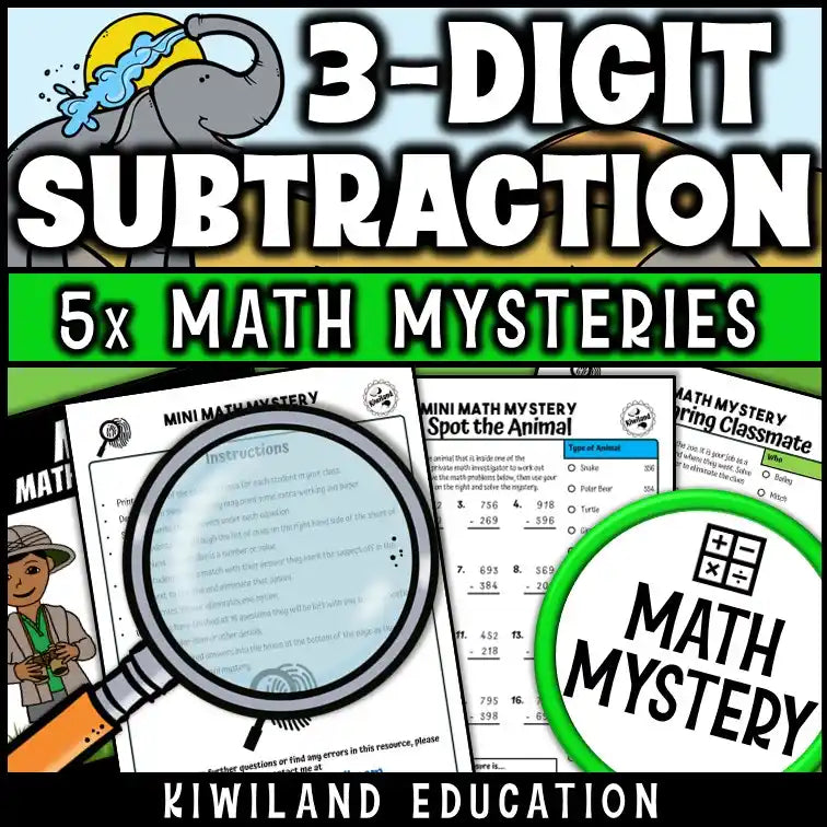 Printable subtraction activity with animal-themed story and math problems
