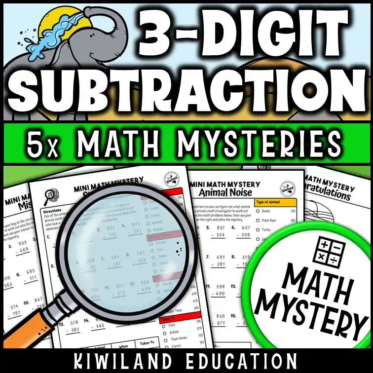 Student solving subtraction with regrouping mystery in a zoo setting