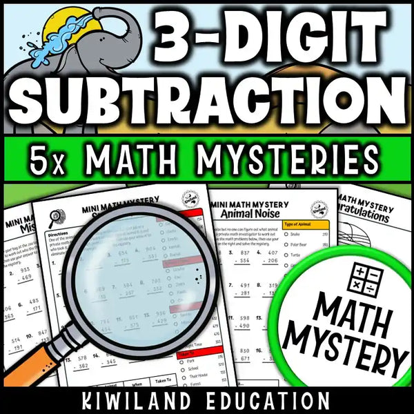 Student solving subtraction with regrouping mystery in a zoo setting
